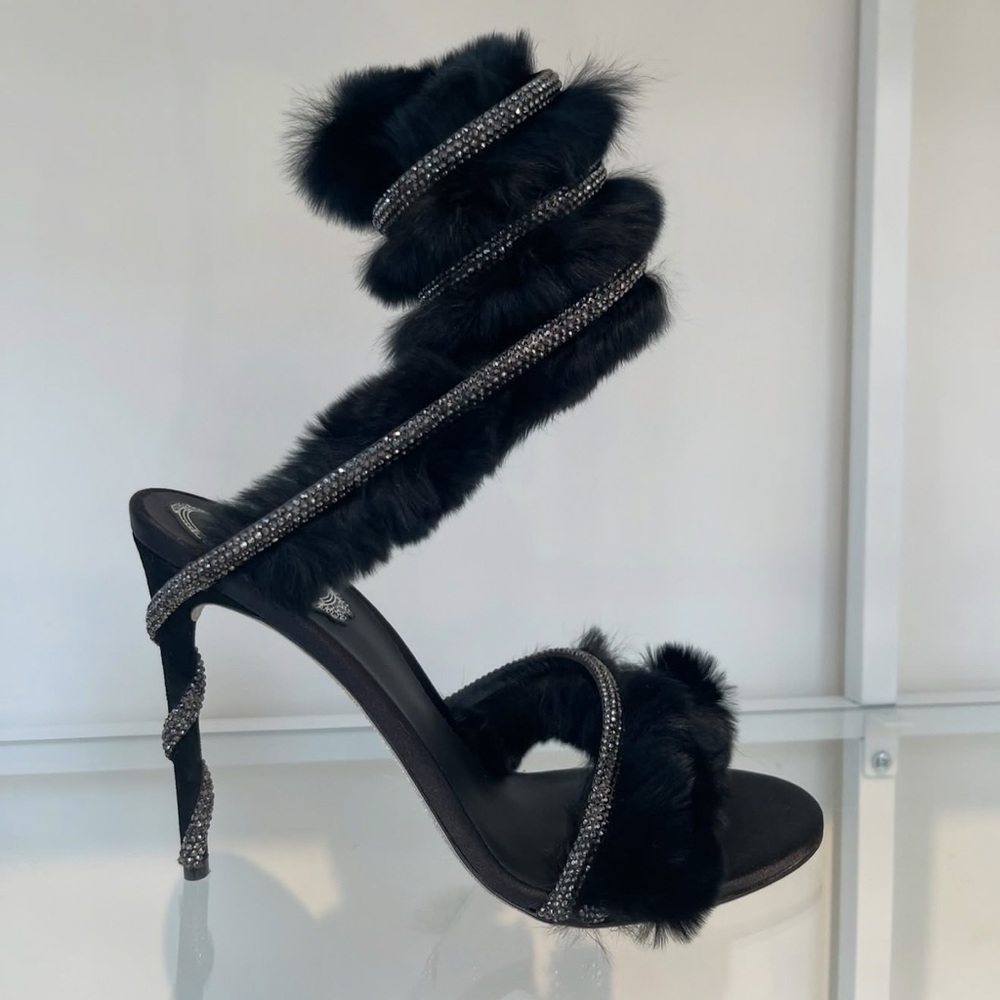 Rene Caovilla Black Fur Trim Heels
